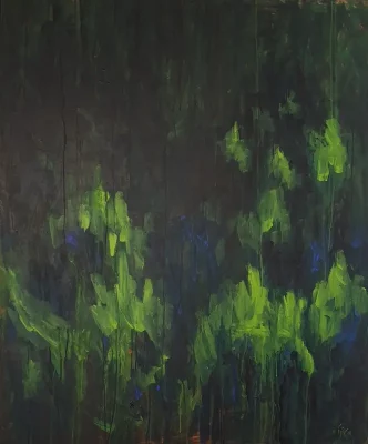 Acrylic abstract modern colourful landscape painting - AUTUMN NIGHT STOPPED AT THE TOPS OF THE PINES