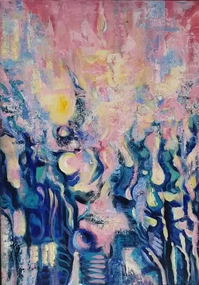 Modern acrylic colourful abstract painting - BEGINNING OF A HOT DAY