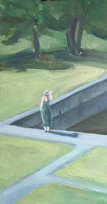 Oil painting of a girl by the pool in Mizarai - BY THE POOL