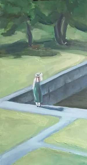 Oil painting of a girl by the pool in Mizarai - BY THE POOL