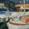 Miniature oil painting Ships in Rethimno harbour - VENETIAN HARBOUR IN RETHIMNO