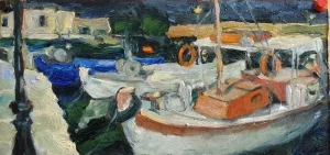 Miniature oil painting Ships in Rethimno harbour - VENETIAN HARBOUR IN RETHIMNO