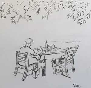 City scape drawing of taverna scene - IN A PLAKIAS TAVERNA