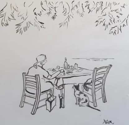 City scape drawing of taverna scene - IN A PLAKIAS TAVERNA