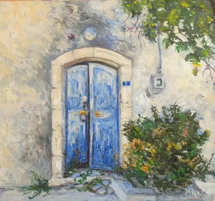 Oil painting city scape doors of Crete - THE BLUE DOOR