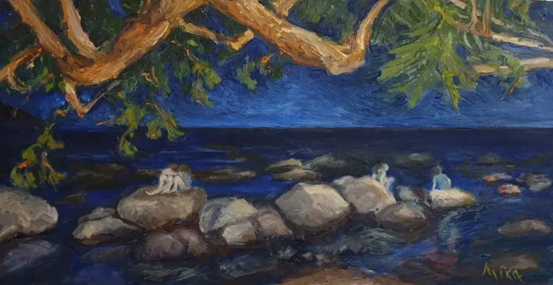 Oil painting landscape in Crete - GIRLS IN PLAKIAS