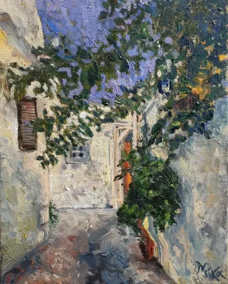 Oil painting city scape in Crete - FULL MOON OVER GAVALOCHORI