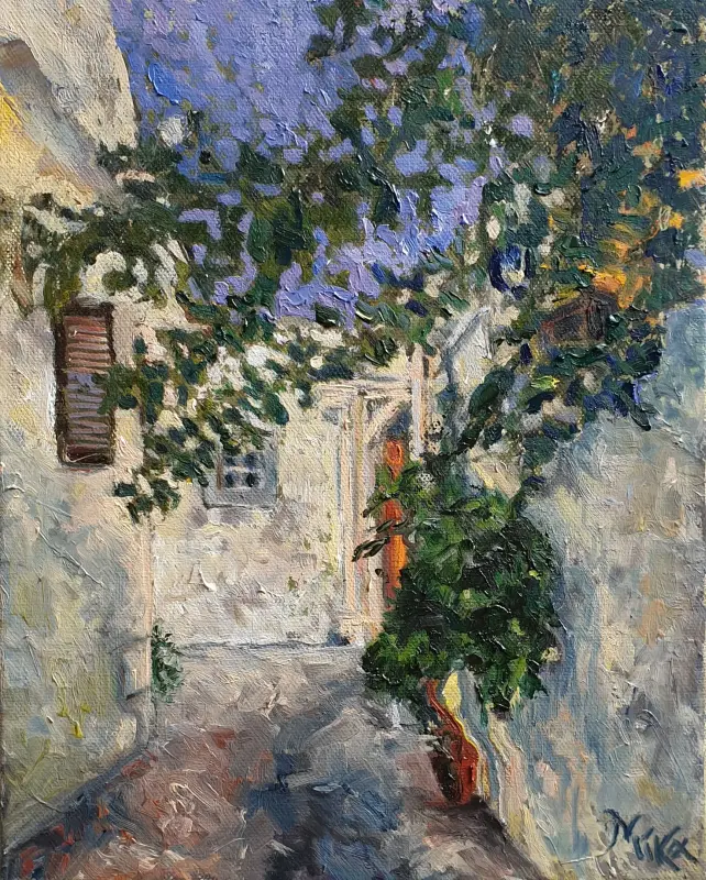 Oil painting city scape in Crete - FULL MOON OVER GAVALOCHORI