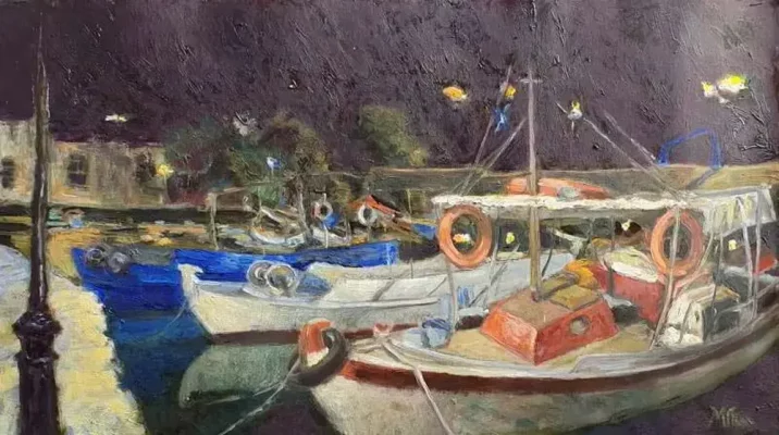 Oil painting ships in Cretan harbour - THE HARBOUR OF RETHYMNO BY NIGHT