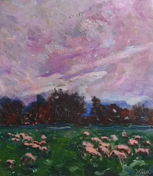Oil painting greek landscape with sheep - SHEEP FROM TRIKALA