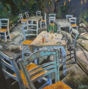 Oil painting Cretan taverna - AFTER PARTY. GAVALOCHORI.