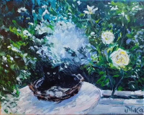 Acrylic painting of a cat - LOONEY IN THE BASKET