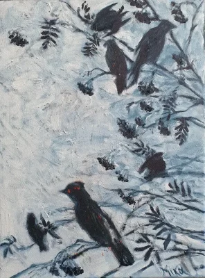 Oil painting of birds on branches - WINTER BIRDS
