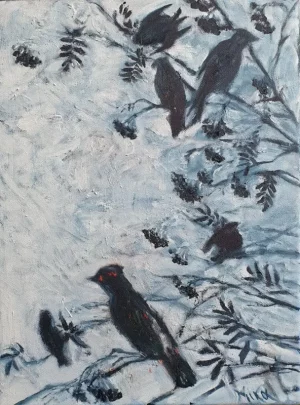 Oil painting of birds on branches - WINTER BIRDS