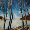 Acrylic landscape painting - LAKE LŪŠIO IN MARCH