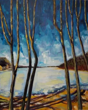 Acrylic landscape painting - LAKE LŪŠIO IN MARCH