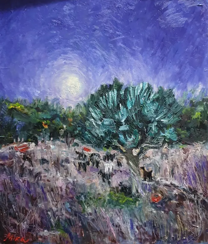 Oil landscape painting - GOATS IN THE MOON LIGHT SOMEWHERE GAVALOCHORI Oil landscape painting - GOATS IN THE MOON LIGHT SOMEWHERE GAVALOCHORI