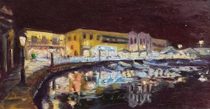 Oil painting of Cretan cityscape. Rethimno - VENETIAN HARBOUR IN RETHIMNO