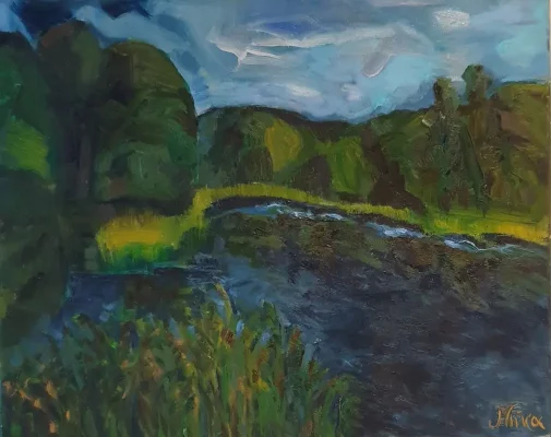 Oil painting of a landscape in Lithuania - LAKE KARVYS