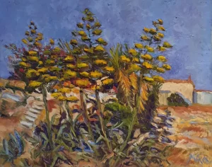 Oil painting city scape in Crete - AGAVES IN RETHYMNO