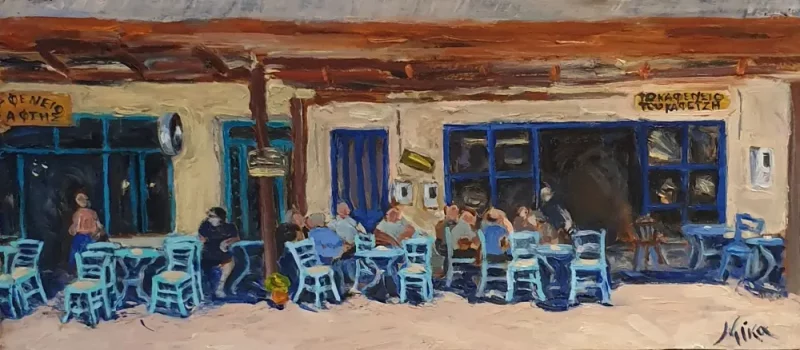 Oil painting landscape - Cretan cafenion - SOCIAL CLUB A LA GRECA. SPILI.