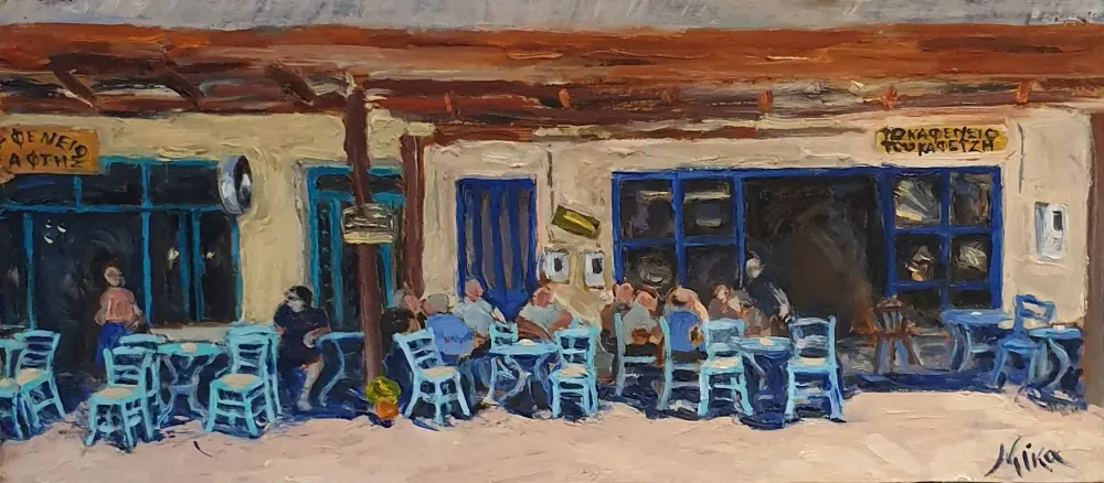 Oil painting landscape - Cretan cafenion - SOCIAL CLUB A LA GRECA. SPILI.