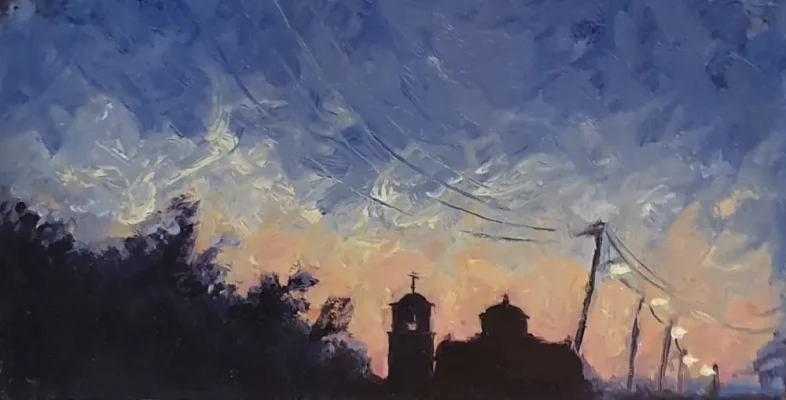 Oil painting city scape in Crete - ON THE WAY TO TAVERNA