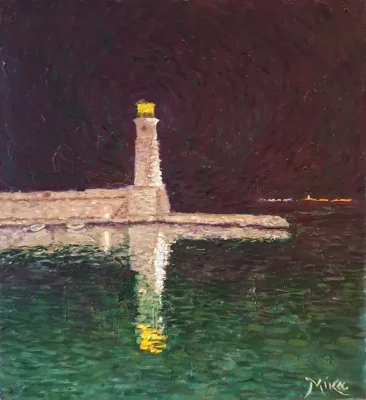 Oil painting city scape in Crete - RETHYMNO LIGHT HOUSE