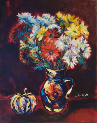 Acrylic still life painting of flowers - STILL LIFE IN RED