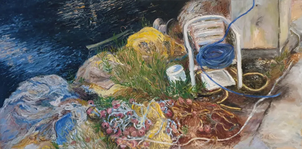 Oil painting landscape - Cretan fisher harbour - STAGNANT TIME. GEORGIOUPOLI. Oil painting landscape - Cretan fisher harbour - STAGNANT TIME. GEORGIOUPOLI.