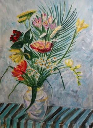 Modern acrylic colourful still life painting - STILL LIFE WITH PALM BRANCH