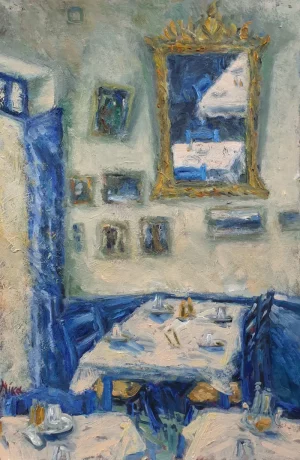 Modern oil colourful painting - DINNER IN BLUE YELLOW